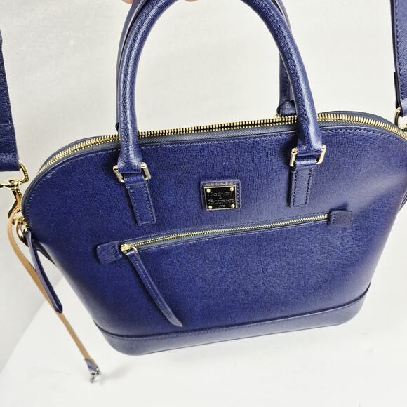 Dooney & Bourke Saffiano Leather Zip Satchel Purse Blue Gold Hardware Crossbody - Picture 13 of 16